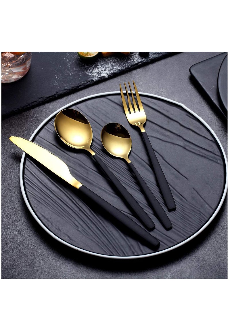 Flatware Cutlery Set, Royal 4 Piece Matte Black Gold Stainless Steel Tableware Sets for 1 Including Forks Spoons Knives, Camping Silverware Travel Utensils Set Cutlery