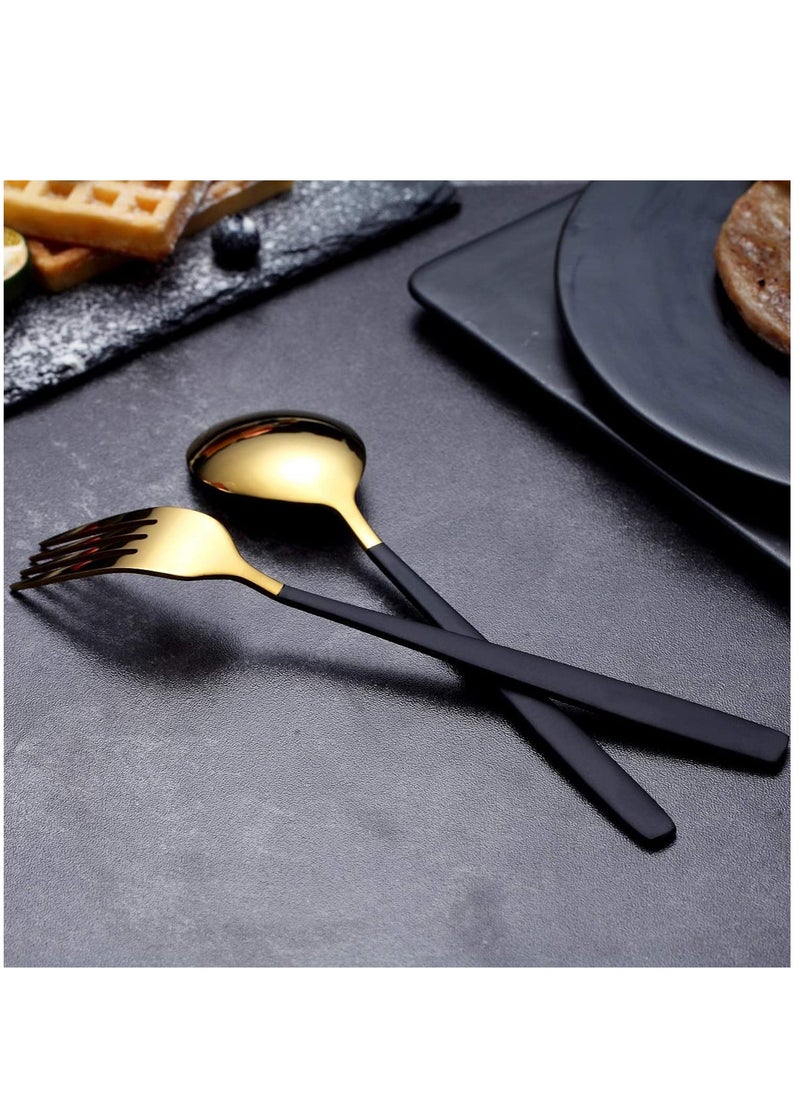 Flatware Cutlery Set, Royal 4 Piece Matte Black Gold Stainless Steel Tableware Sets for 1 Including Forks Spoons Knives, Camping Silverware Travel Utensils Set Cutlery