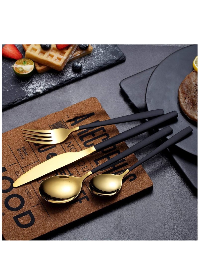 Flatware Cutlery Set, Royal 4 Piece Matte Black Gold Stainless Steel Tableware Sets for 1 Including Forks Spoons Knives, Camping Silverware Travel Utensils Set Cutlery