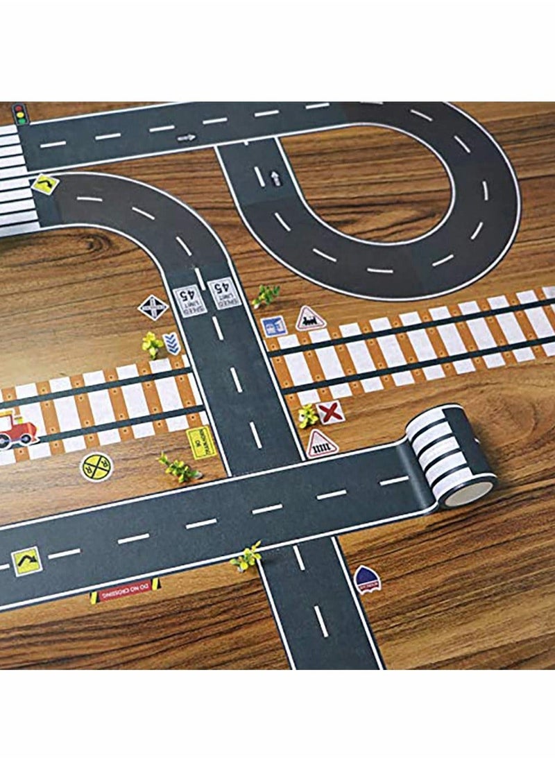 Road Tape for Toy Car u0026 Trains,3 Tape Rolls, Bonus 160 Traffic Sign Die Cut Stickers, 4 Road Tight Curves and 4 Trains Tight Curves, Develop Your Kids Imagination and Memory, Play and Learn