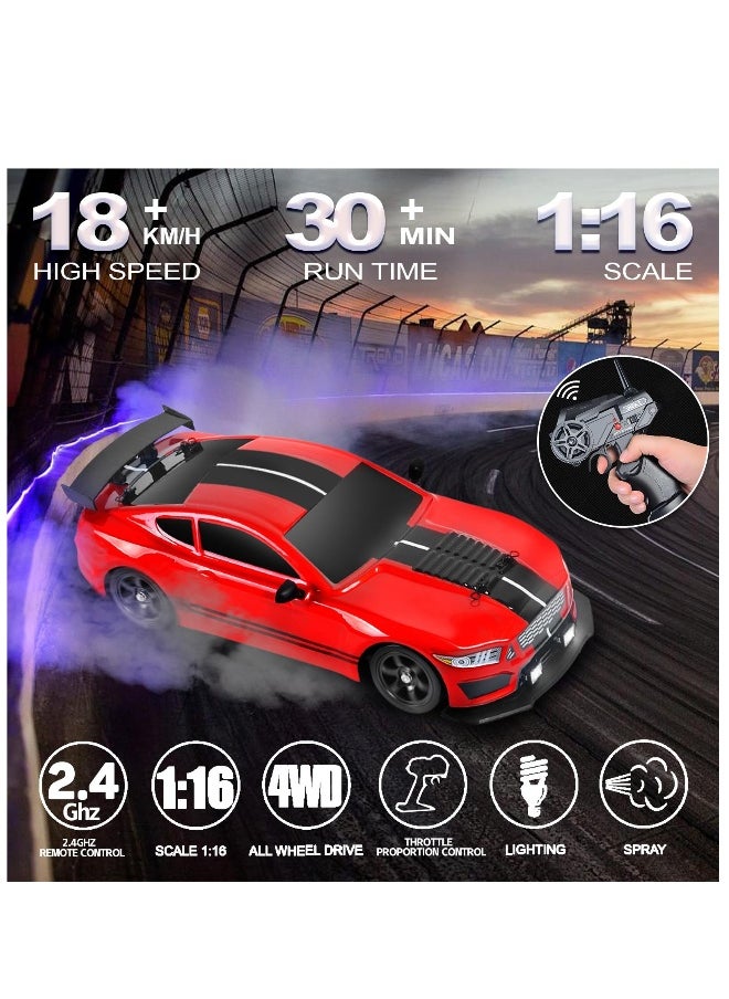 RC Drift Car 1:16 Scale 4WD Remote Control Car, 2.4GHz 18KM/H High Speed Model Vehicle with LED Lights, Spray and Drifting Tire, Racing Car Toy Includes 2 Batteries, Gift for Kids  Boys Girls Adults
