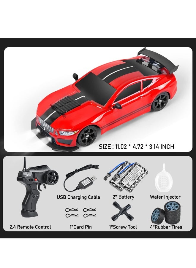 RC Drift Car 1:16 Scale 4WD Remote Control Car, 2.4GHz 18KM/H High Speed Model Vehicle with LED Lights, Spray and Drifting Tire, Racing Car Toy Includes 2 Batteries, Gift for Kids  Boys Girls Adults