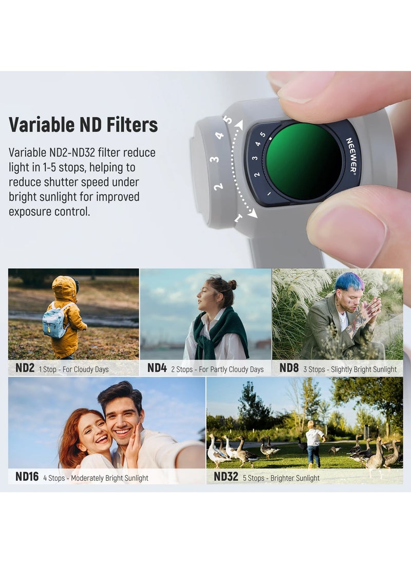NEEWER Camera Lens Filter Kit for DJI Osmo Pocket 3 – CPL, 1/4 Black Diffusion, Variable ND2-32, 0.75X Wide Angle Lens – Magnetic ND Filter, Circular Polarizer, Soft Focus, and Wide-Angle Enhancement for Photography & Video