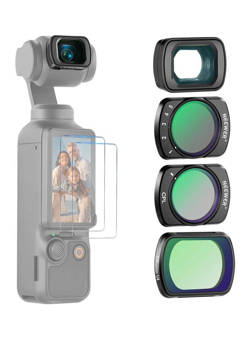 NEEWER Camera Lens Filter Kit for DJI Osmo Pocket 3 – CPL, 1/4 Black Diffusion, Variable ND2-32, 0.75X Wide Angle Lens – Magnetic ND Filter, Circular Polarizer, Soft Focus, and Wide-Angle Enhancement for Photography & Video