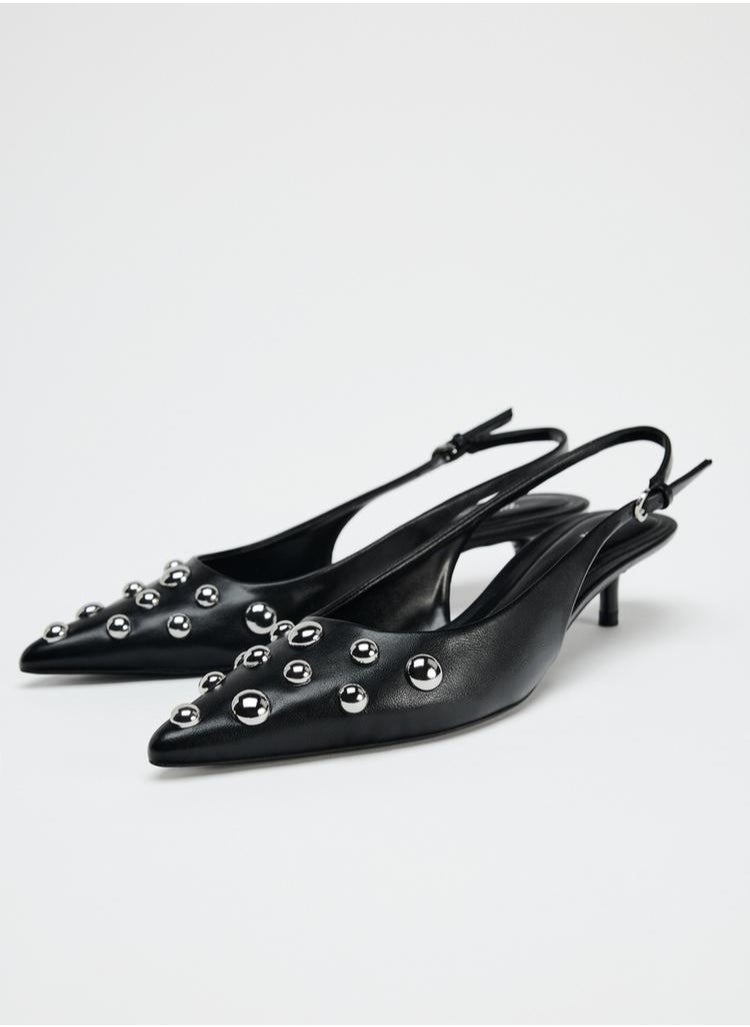 Studded kitten heel slingback shoes