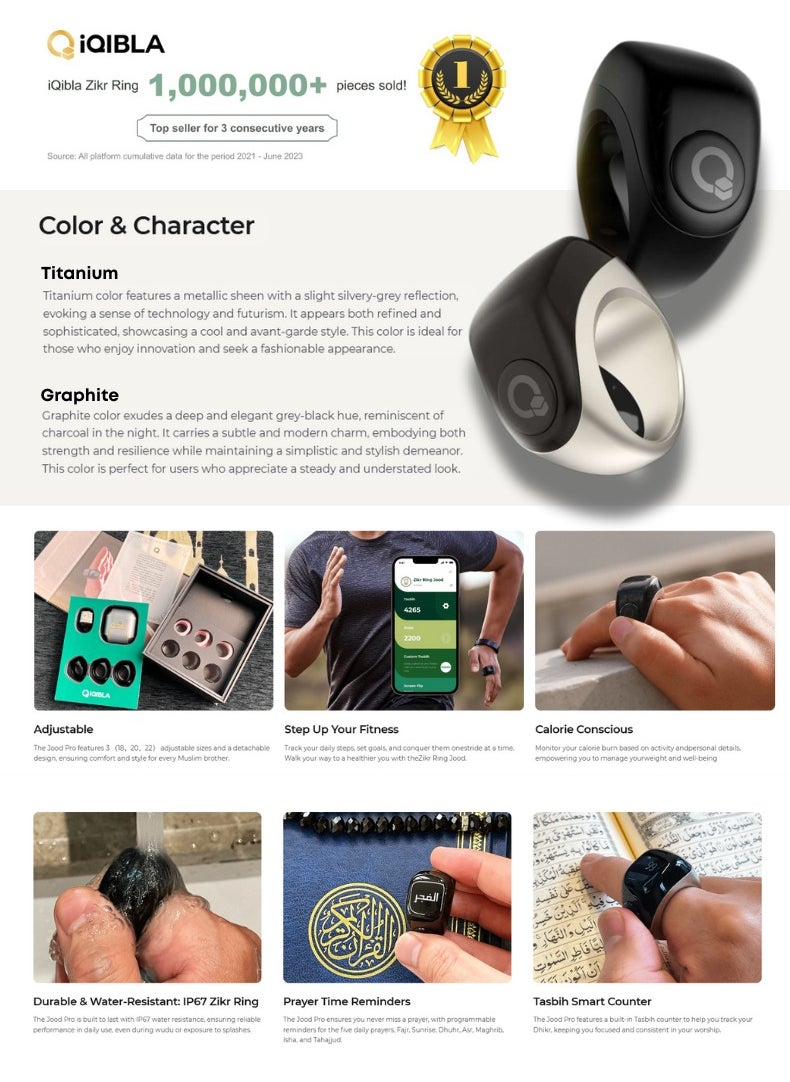 Zikr Ring Jood Pro – Smart Islamic Ring with Prayer Reminders, Tasbih Counter, Fitness Tracker & IP67 Water Resistance | Graphite