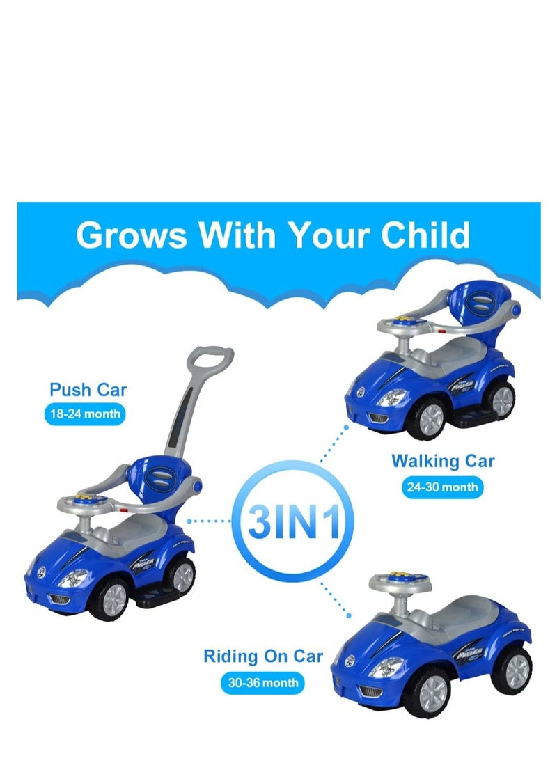 Push Cars for Toddlers, 3 in 1 Ride on Push Car with Music, Safety Brackets, and Anti-Topple Devices, Removable Handle for the Ages 1-3 years (Blue) 301