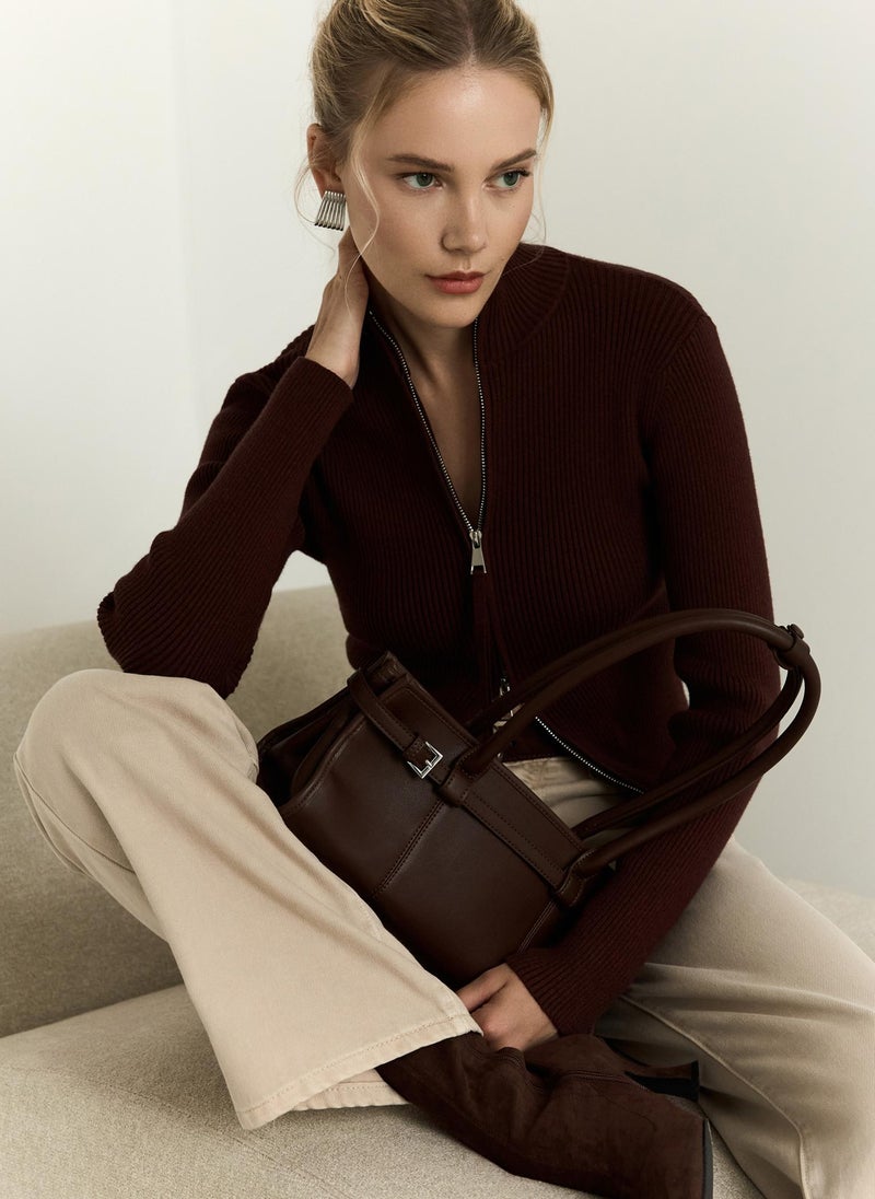 Rib-knit cardigan with zip fastening