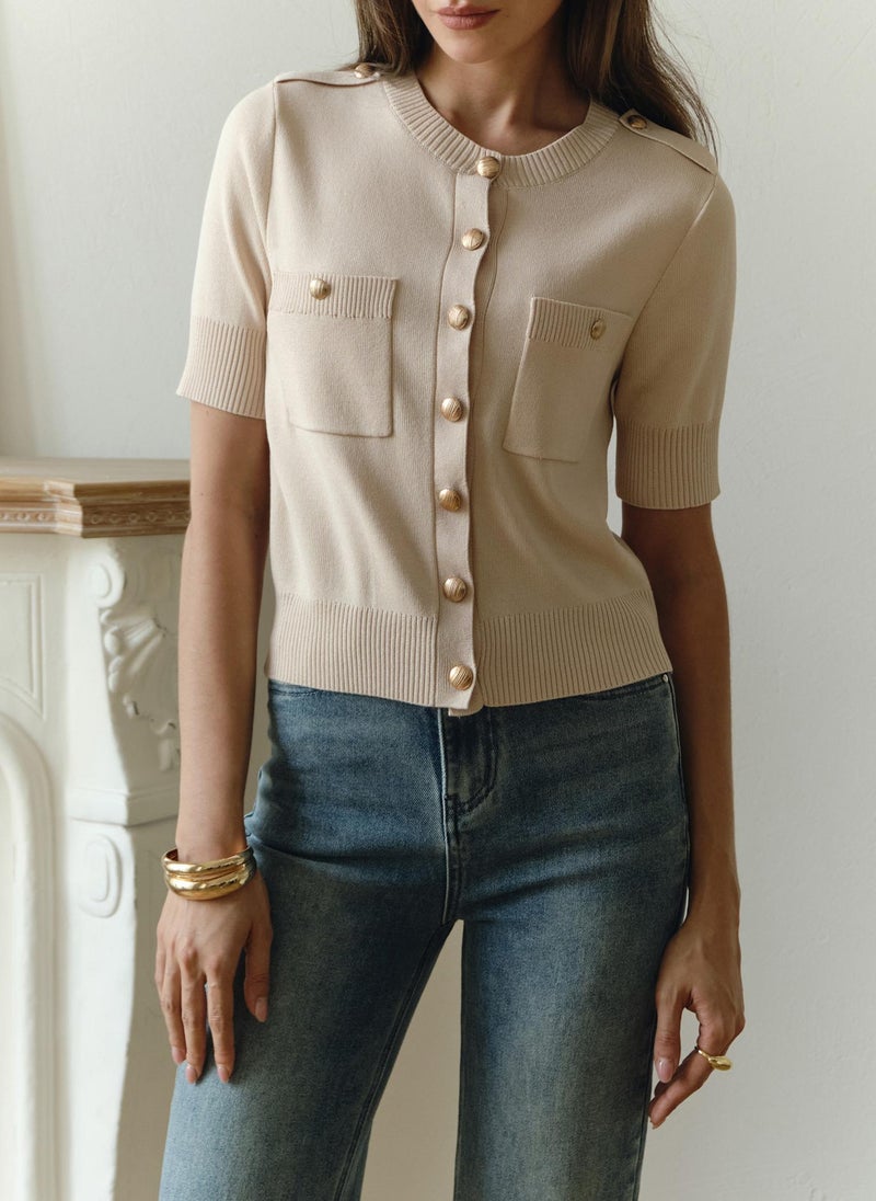 Short-sleeved knitted cardigan with golden fittings