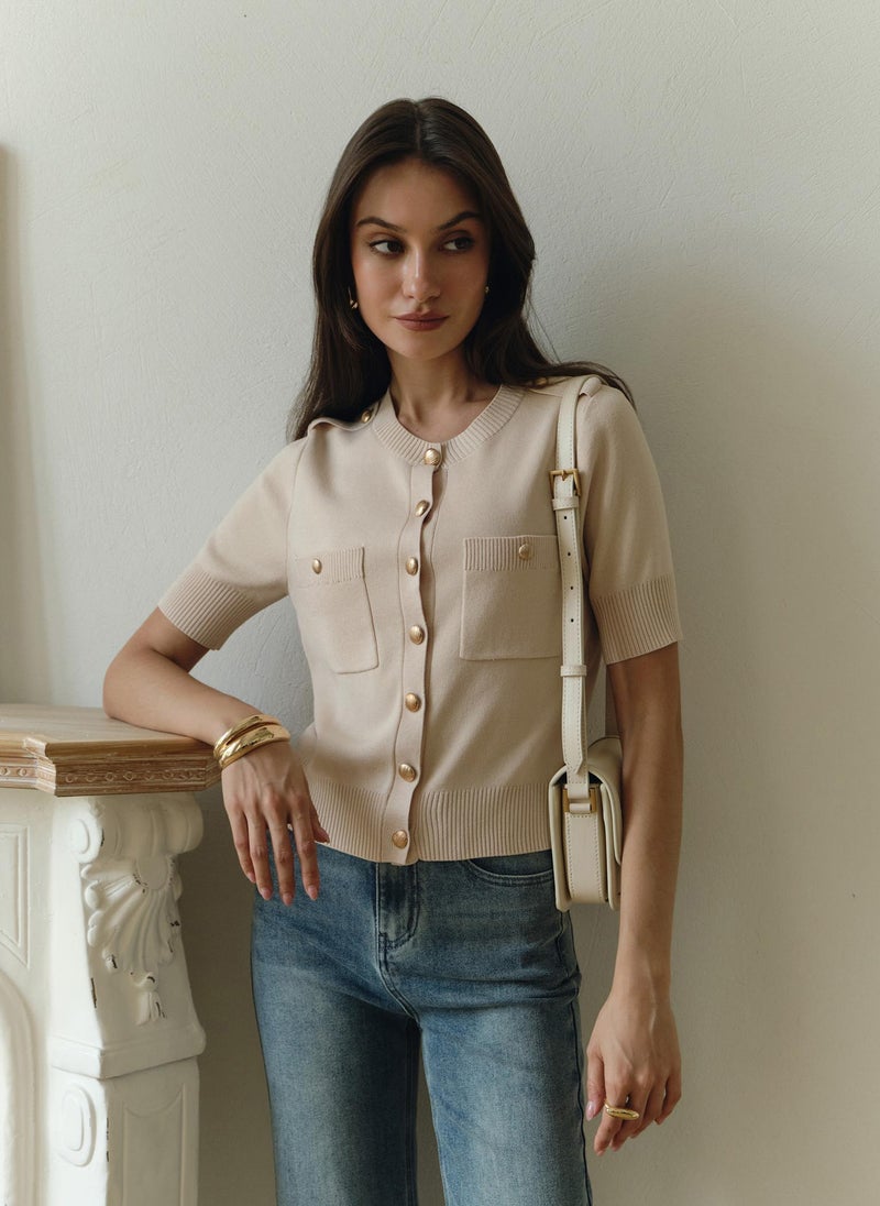 Short-sleeved knitted cardigan with golden fittings