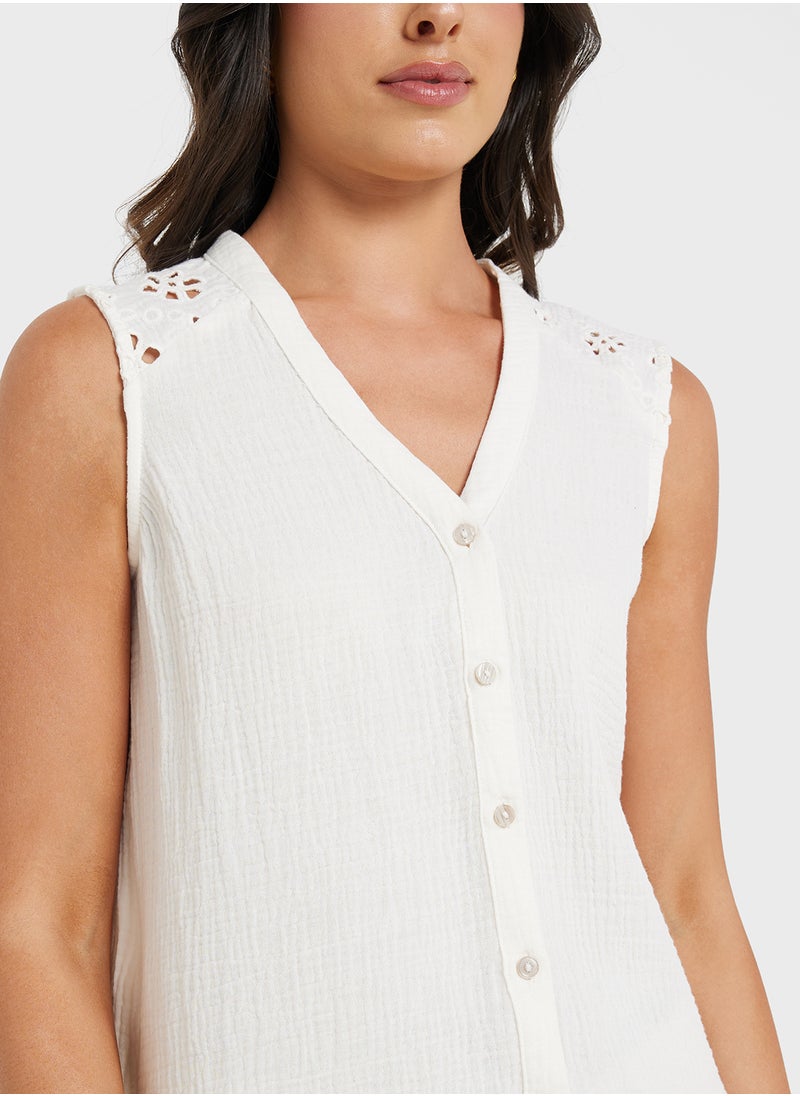 Button Down V-Neck Top