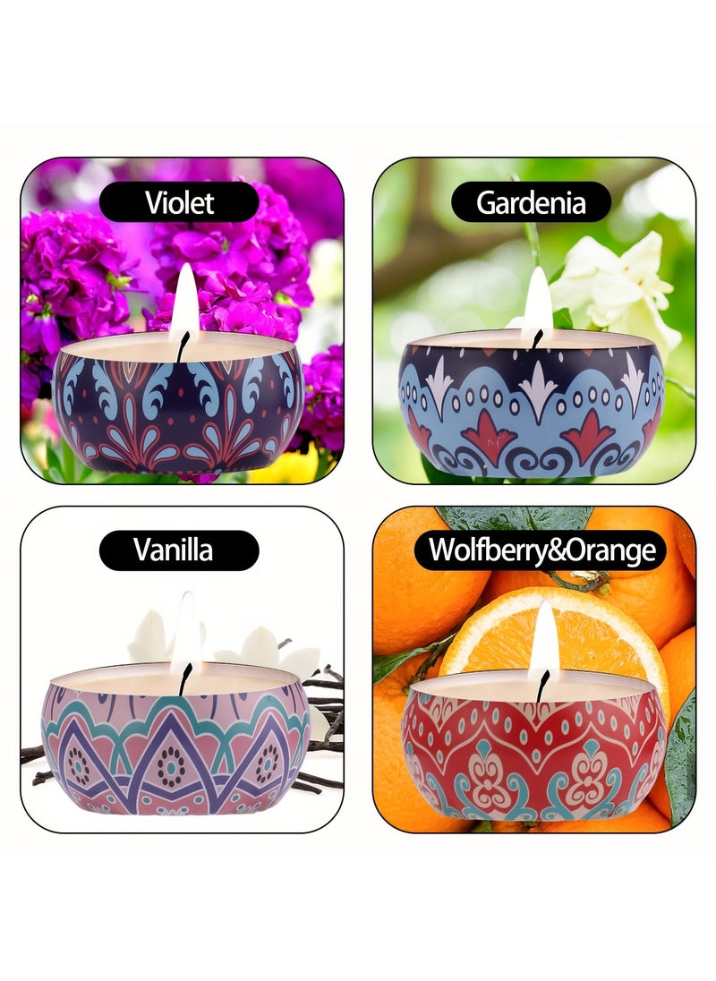 4pcs Scented Candle Set Violet Orange Vanilla Gardenia Scents for Meditation Bathing Yoga Includes Metal Jar Container Perfect Holiday Gift Lavender Jasmine