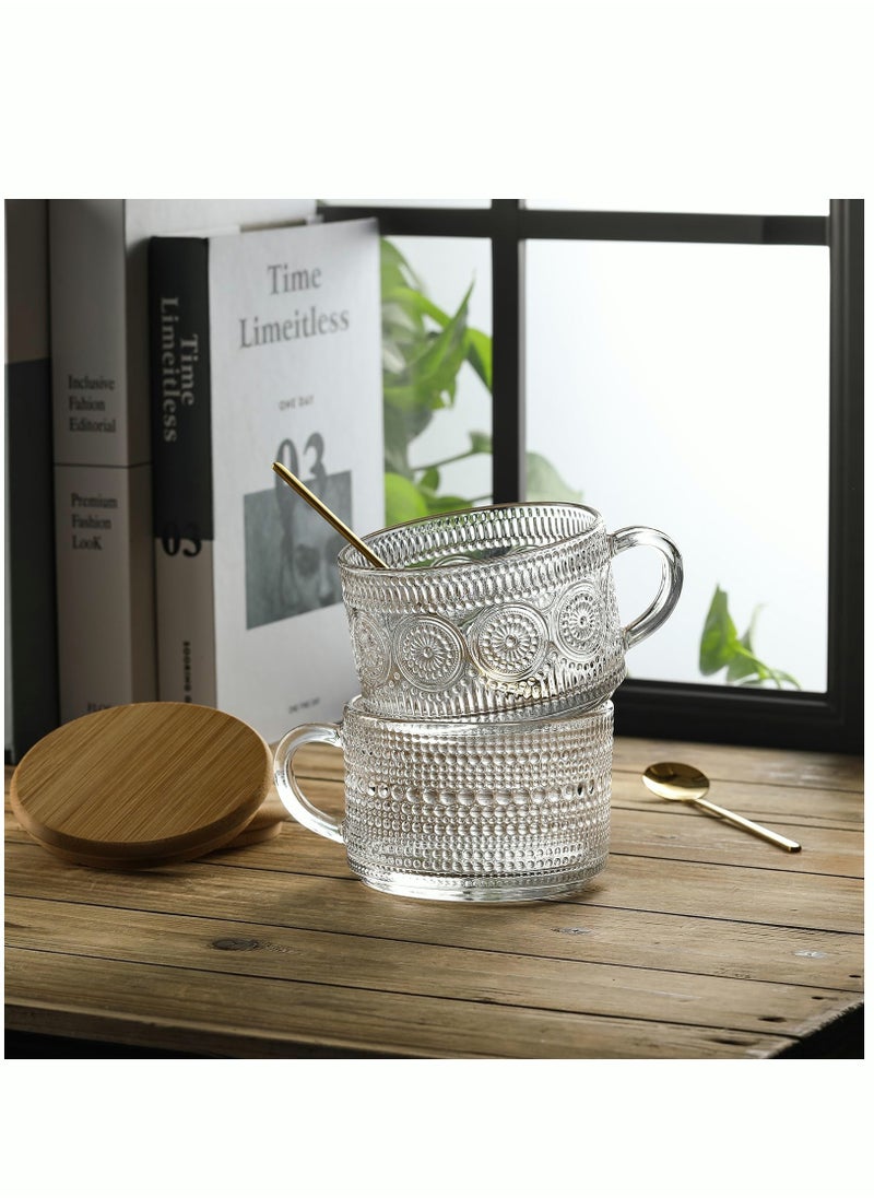 4pcs Set Vintage Coffee Mugs Overnight Oats Containers with Bamboo Lids and Spoons - 14oz Clear Embossed Glass Cups Cute Coffee Bar Accessories Iced Coffee Glasses