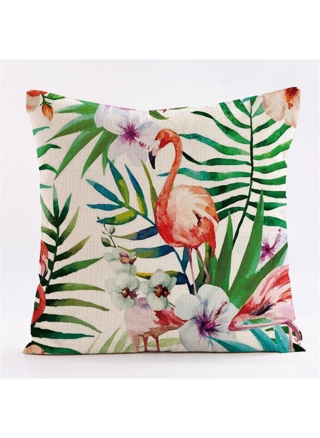 Throw Pillow Covers Spring Summer Decorative Outdoor Linen Fabric Pillow Case for Couch Bed Car Home 45x45 cm,Set of 4 Flowers and Flamingo