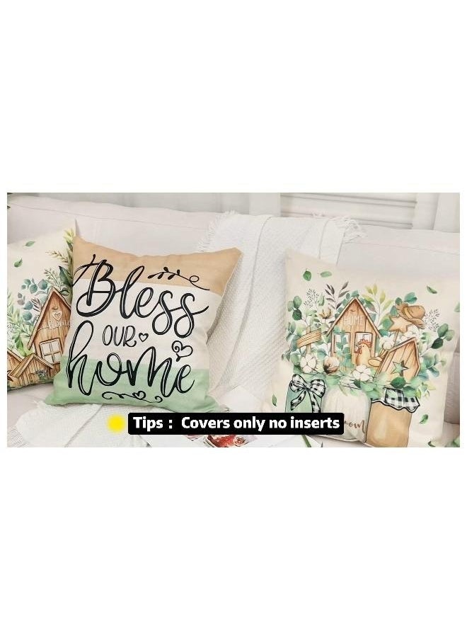 Farmhouse Spring Throw Pillows 18x18 Pillow Cover Set of 4, Colorful Plaid Bless Our Sweet Home Cottage Springtime Seasonal Decorations