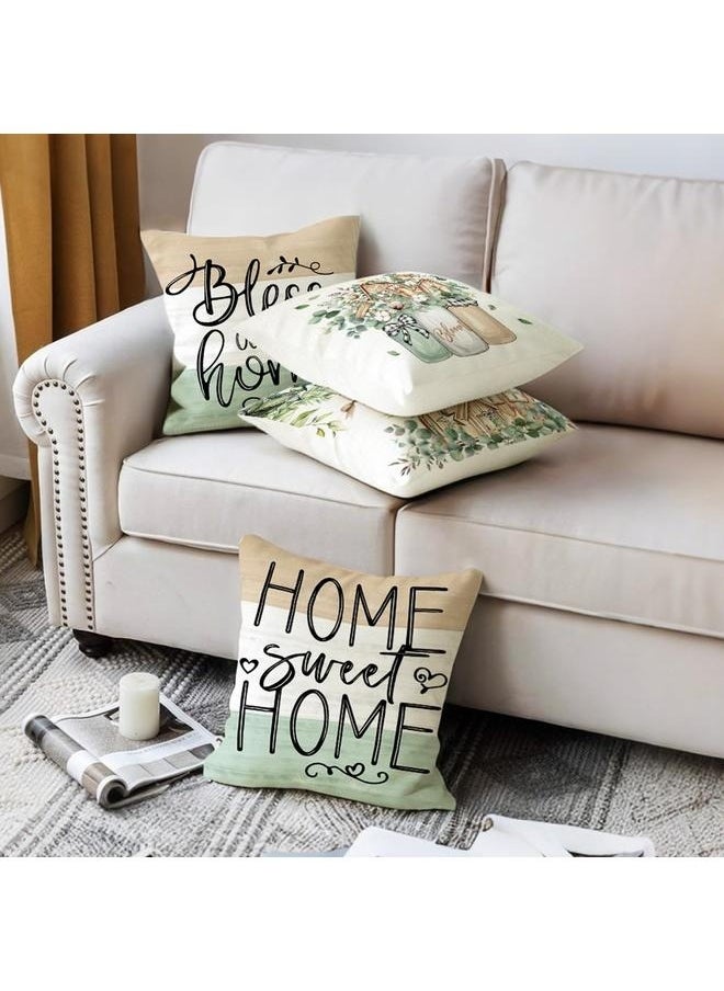 Farmhouse Spring Throw Pillows 18x18 Pillow Cover Set of 4, Colorful Plaid Bless Our Sweet Home Cottage Springtime Seasonal Decorations
