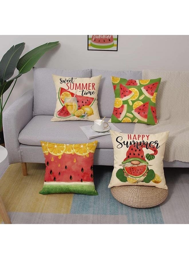 Summer Time Watermelon Gnome Decorative Throw Pillow Cove Set of 4, Lemon Watercolor Porch Outdoor Home Decor