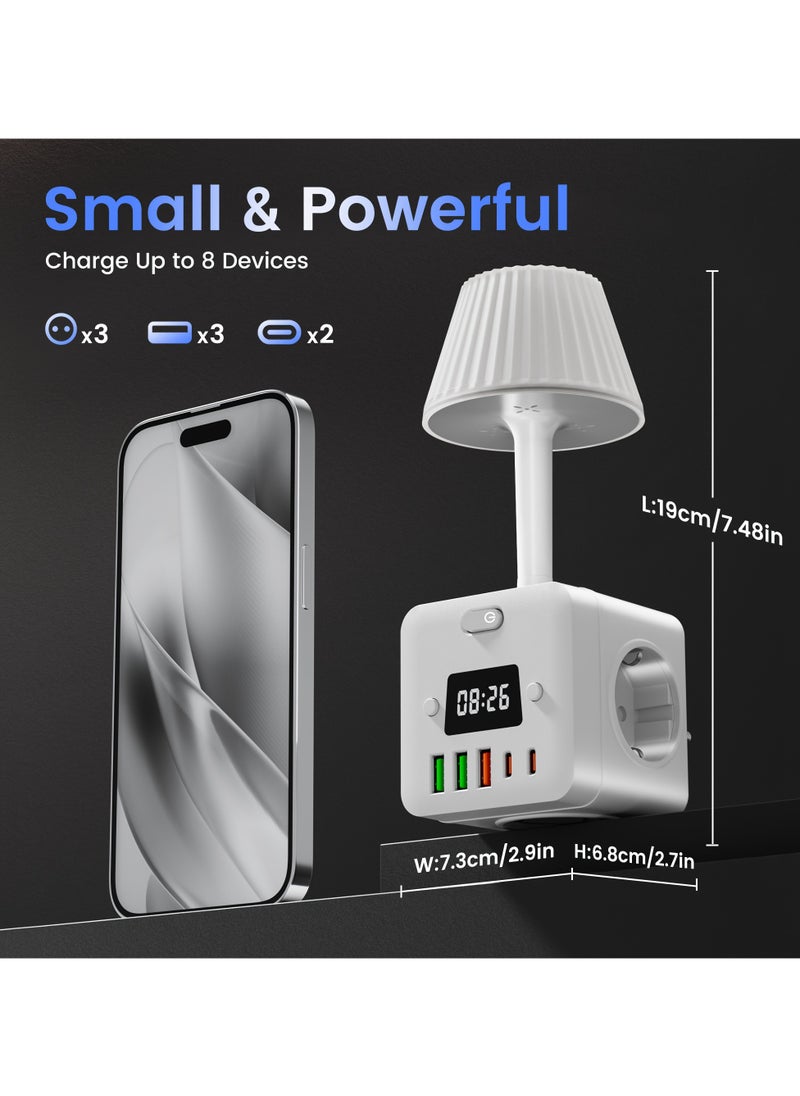 10in 1 Power Outlet Digital Alarm Clock with 2 USB-C Chargers, Desktop Charging Station, 3 AC Power Outlets, 3 USB-A, Power Cord with Surge Protector, Digital Display for Easy Alarm Setting, for Bedroom, Dorm Room, Hotel