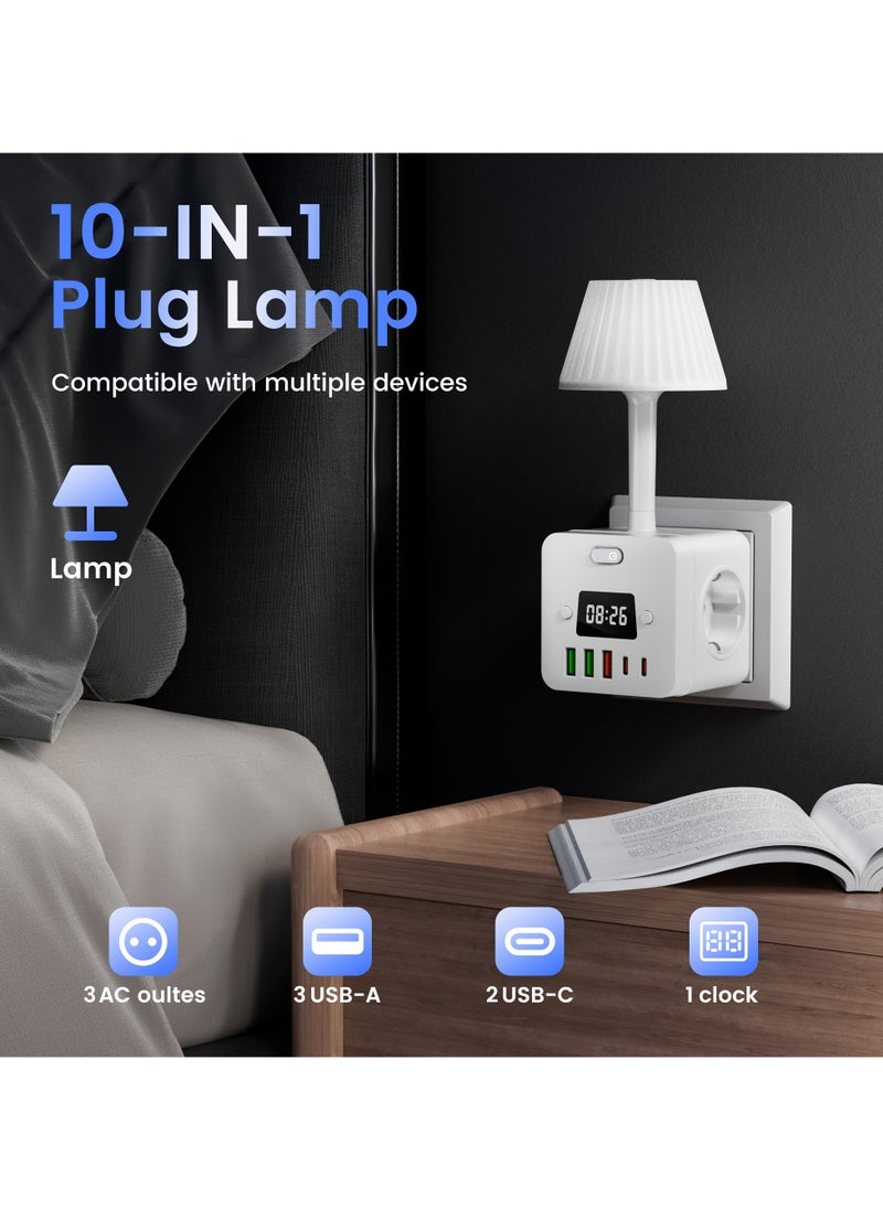 10in 1 Power Outlet Digital Alarm Clock with 2 USB-C Chargers, Desktop Charging Station, 3 AC Power Outlets, 3 USB-A, Power Cord with Surge Protector, Digital Display for Easy Alarm Setting, for Bedroom, Dorm Room, Hotel
