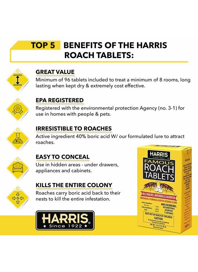 Harris Roach Tablets, Boric Acid Roach Killer with Lure for Insects (4oz, 96 Tablets)
