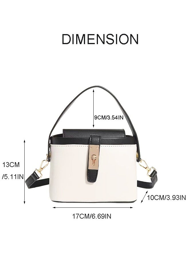 Fashionable Black Color Contrast Versatile Leather Women Top Handle Satchel Bags Wit Adjustable Strap