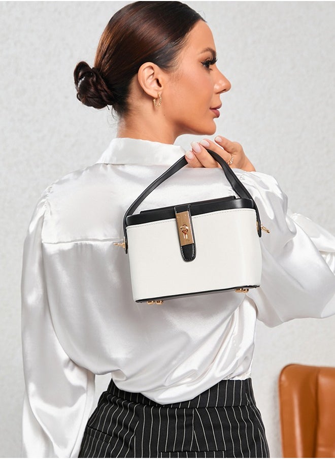 Fashionable Black Color Contrast Versatile Leather Women Top Handle Satchel Bags Wit Adjustable Strap