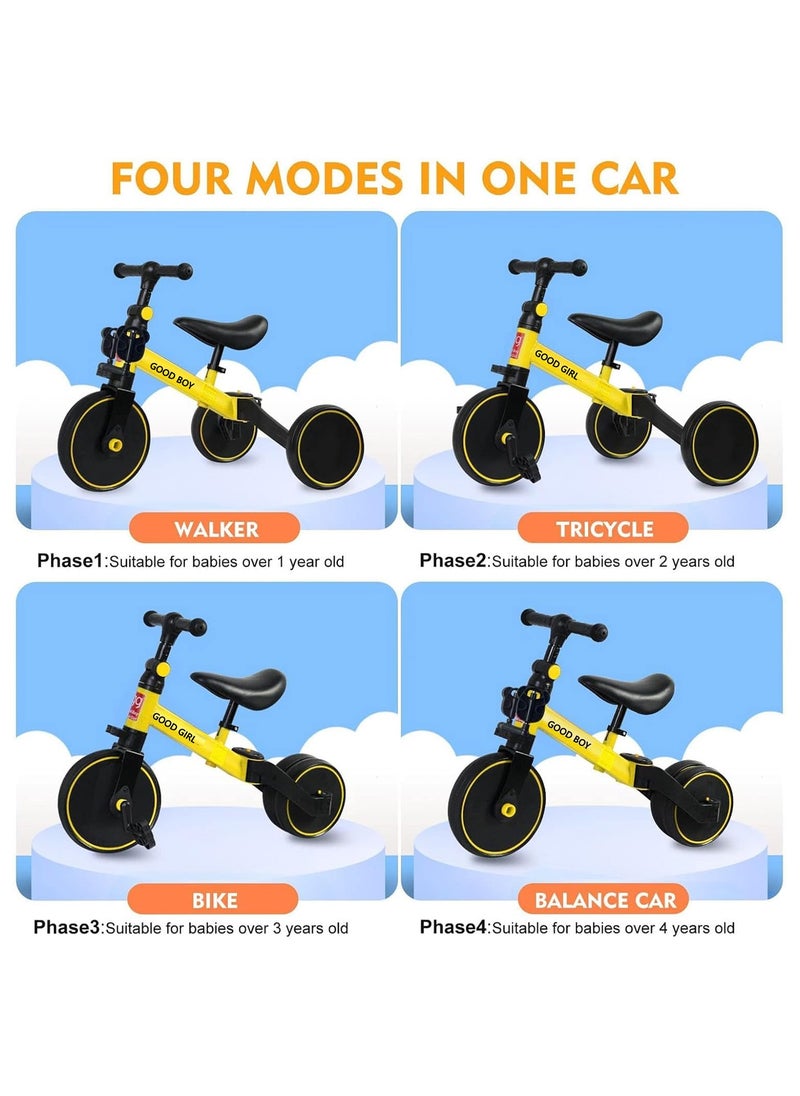 4 In 1 Kids Tricycles Toddlers Trike with Adjustable Seat for Indoor and Outdoor Girls and Boys Yellow