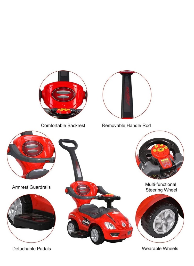 Push Cars for Toddlers, 3 in 1 Ride on Push Car with Music, Safety Brackets, and Anti-Topple Devices, Removable Handle for the Ages 1-3 years (Red) 301