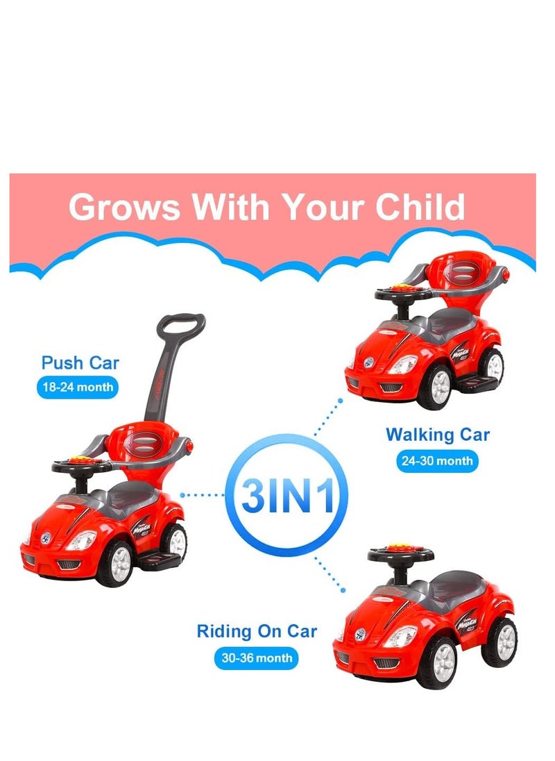 Push Cars for Toddlers, 3 in 1 Ride on Push Car with Music, Safety Brackets, and Anti-Topple Devices, Removable Handle for the Ages 1-3 years (Red) 301