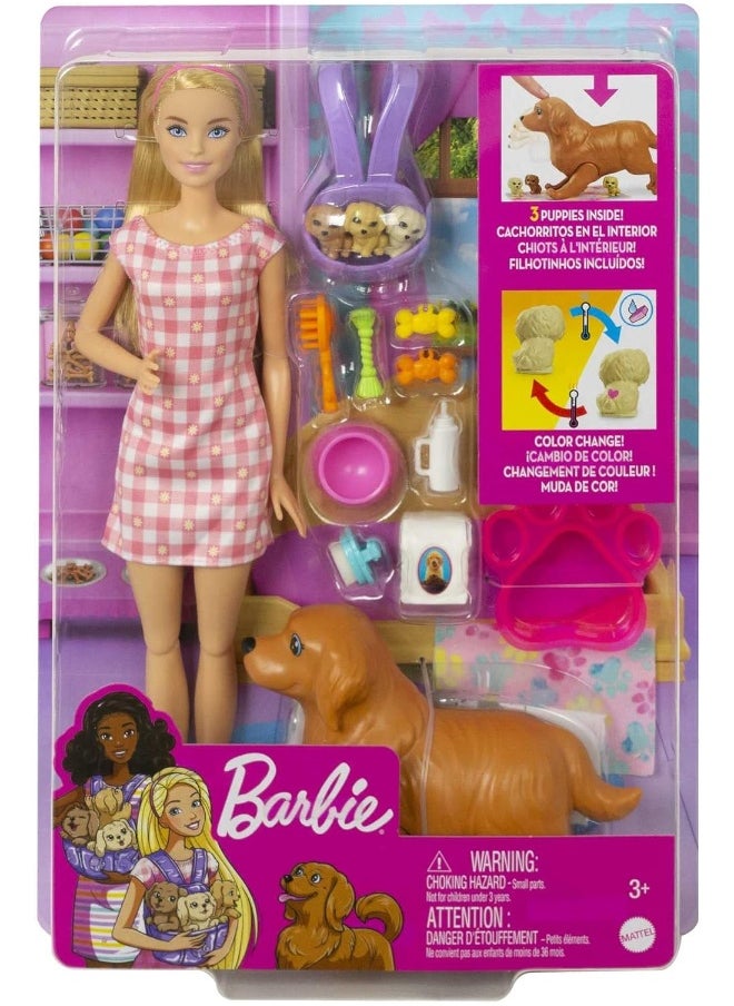 Barbie Doll Newborn Pups Playset with Blonde Doll, Mommy Dog and 3 Puppies, Kids Toys