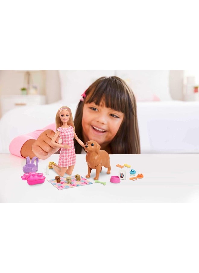 Barbie Doll Newborn Pups Playset with Blonde Doll, Mommy Dog and 3 Puppies, Kids Toys