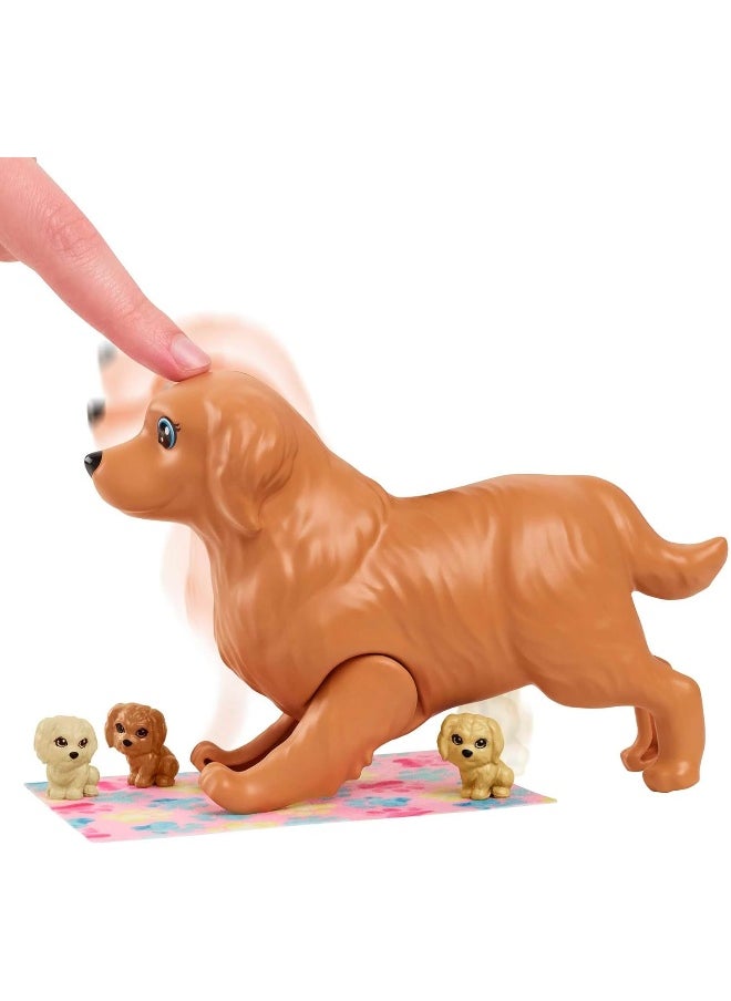 Barbie Doll Newborn Pups Playset with Blonde Doll, Mommy Dog and 3 Puppies, Kids Toys