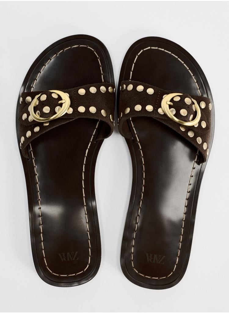 Flat split suede slider sandals with studs