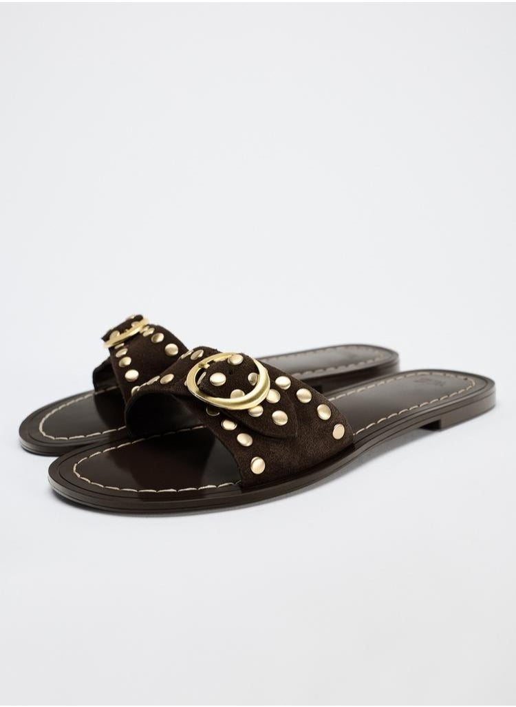 Flat split suede slider sandals with studs