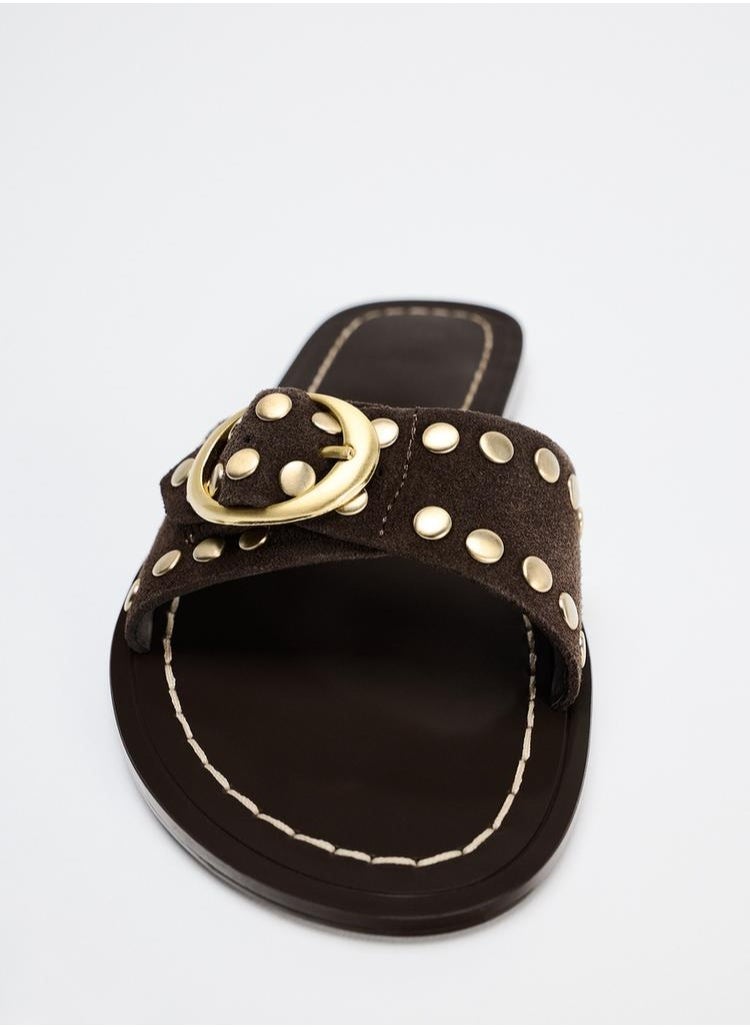 Flat split suede slider sandals with studs
