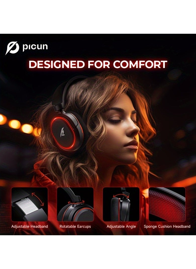Picun G2 Wireless Gaming Headset, 2.4GHz Ultra-Low Latency Wireless Gaming Headphone with Noise-canceling Microphone, 7.1 Surround Sound with Immersive Experience, Glowing LED Lights, USB-C transmitter with USB-A adapter for PS5, PS4, PC