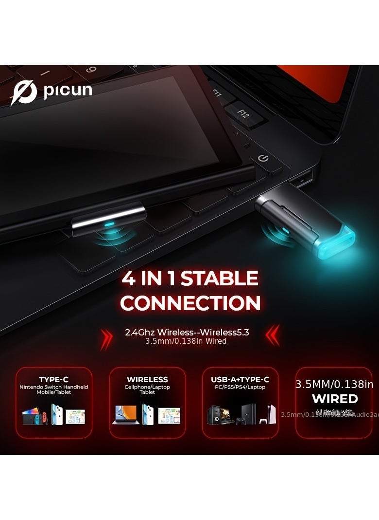 Picun G2 Wireless Gaming Headset, 2.4GHz Ultra-Low Latency Wireless Gaming Headphone with Noise-canceling Microphone, 7.1 Surround Sound with Immersive Experience, Glowing LED Lights, USB-C transmitter with USB-A adapter for PS5, PS4, PC