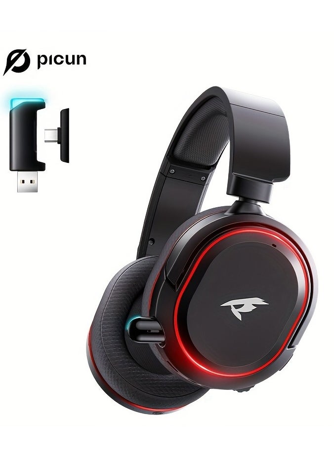 Picun G2 Wireless Gaming Headset, 2.4GHz Ultra-Low Latency Wireless Gaming Headphone with Noise-canceling Microphone, 7.1 Surround Sound with Immersive Experience, Glowing LED Lights, USB-C transmitter with USB-A adapter for PS5, PS4, PC