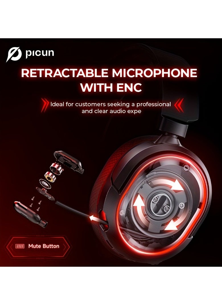 Picun G2 Wireless Gaming Headset, 2.4GHz Ultra-Low Latency Wireless Gaming Headphone with Noise-canceling Microphone, 7.1 Surround Sound with Immersive Experience, Glowing LED Lights, USB-C transmitter with USB-A adapter for PS5, PS4, PC