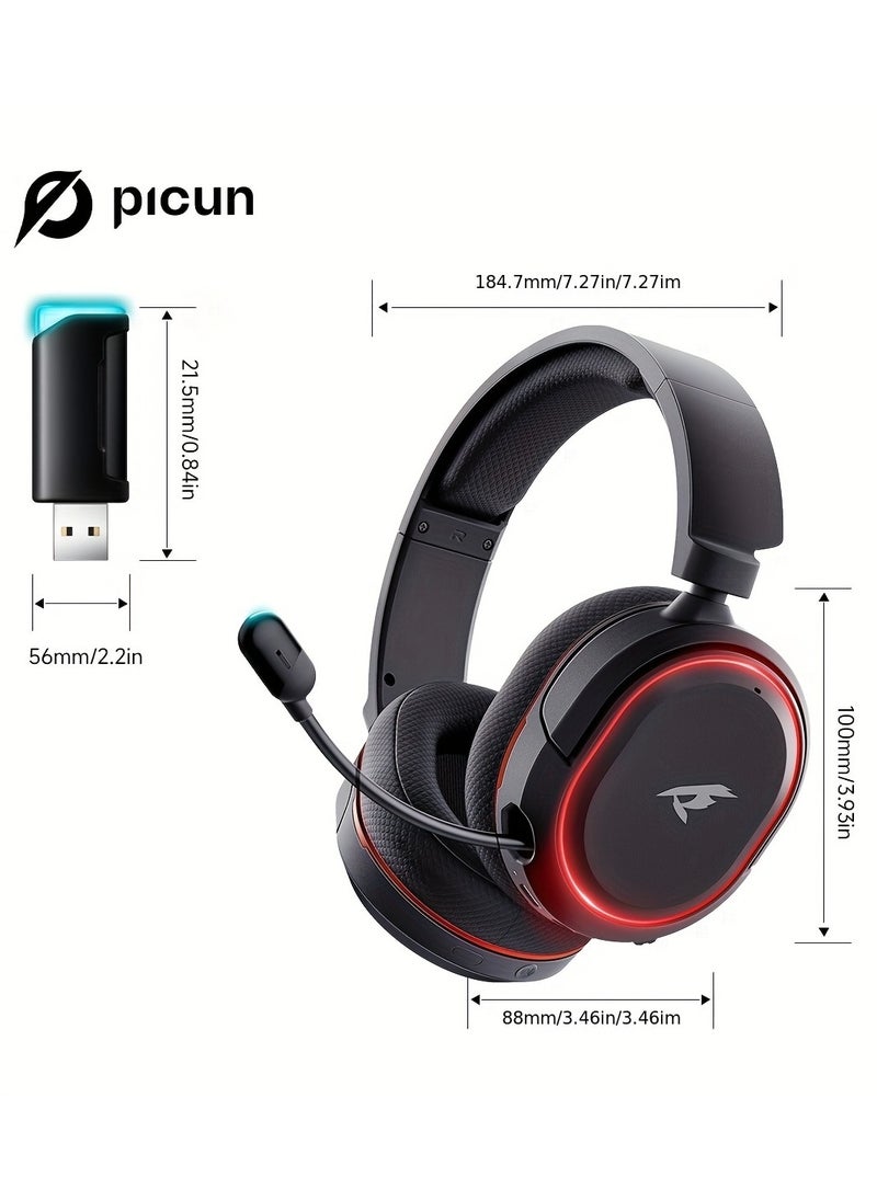 Picun G2 Wireless Gaming Headset, 2.4GHz Ultra-Low Latency Wireless Gaming Headphone with Noise-canceling Microphone, 7.1 Surround Sound with Immersive Experience, Glowing LED Lights, USB-C transmitter with USB-A adapter for PS5, PS4, PC