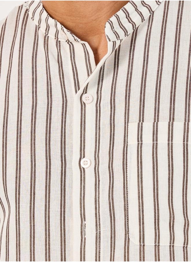 Regular Fit Mandarin Collar Striped Shirt and Shorts Set