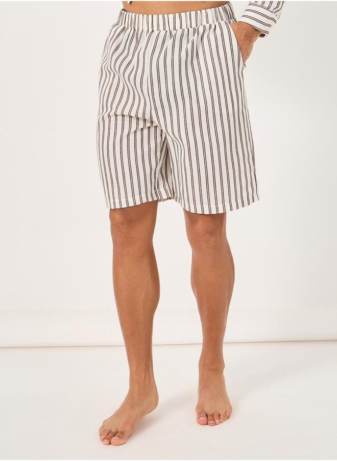 Regular Fit Mandarin Collar Striped Shirt and Shorts Set