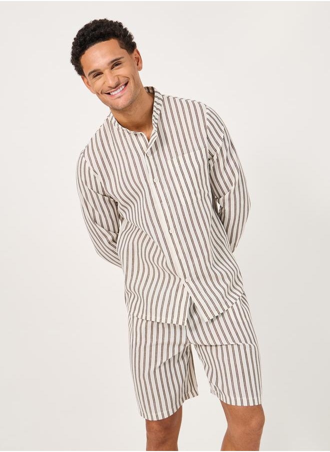Regular Fit Mandarin Collar Striped Shirt and Shorts Set