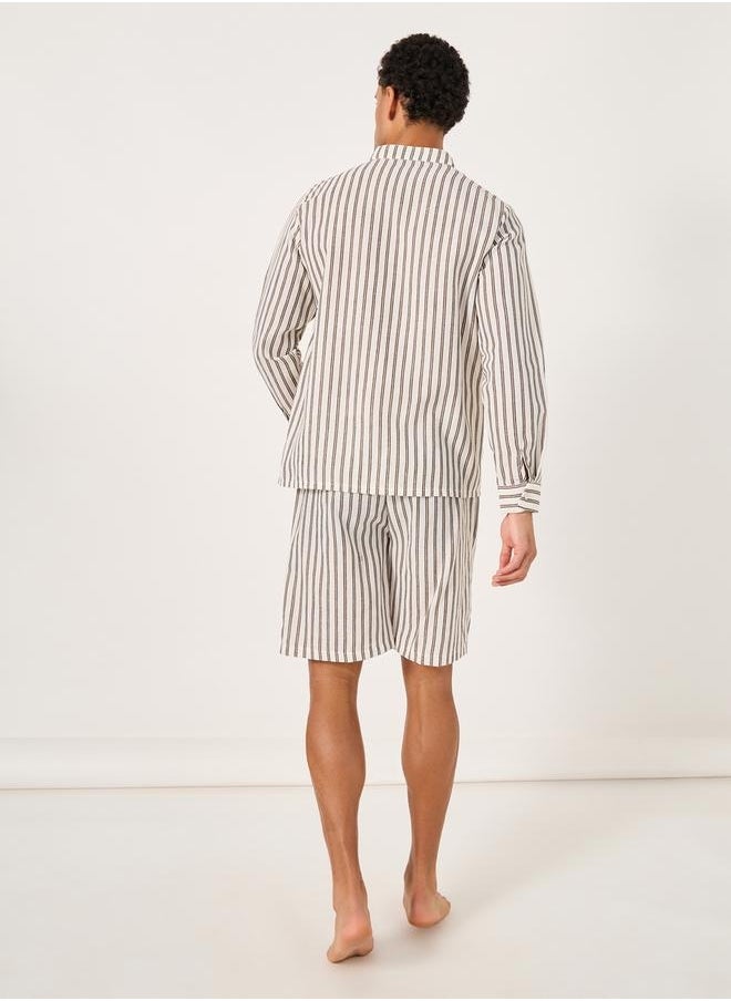 Regular Fit Mandarin Collar Striped Shirt and Shorts Set
