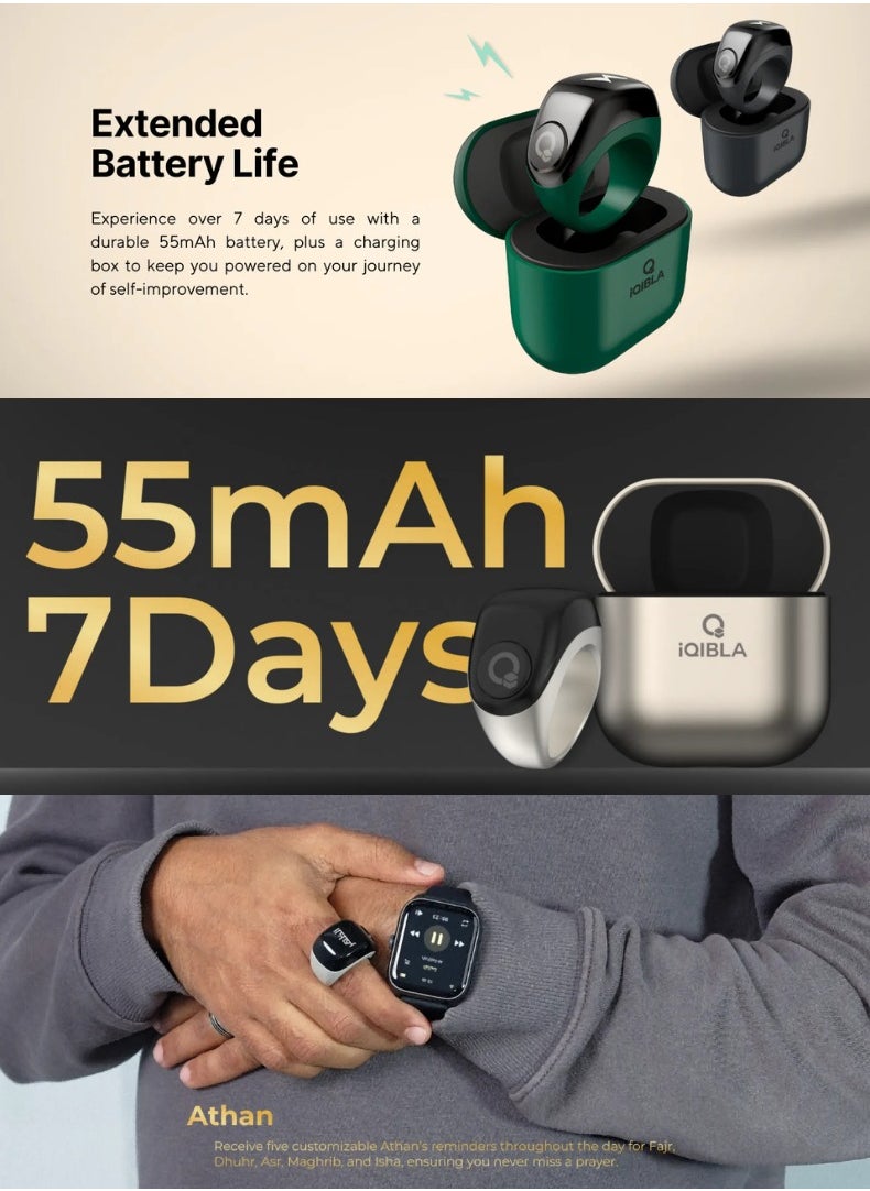 Zikr Ring Jood Pro – Smart Islamic Ring with Prayer Reminders, Tasbih Counter, Fitness Tracker & IP67 Water Resistance | Titanium
