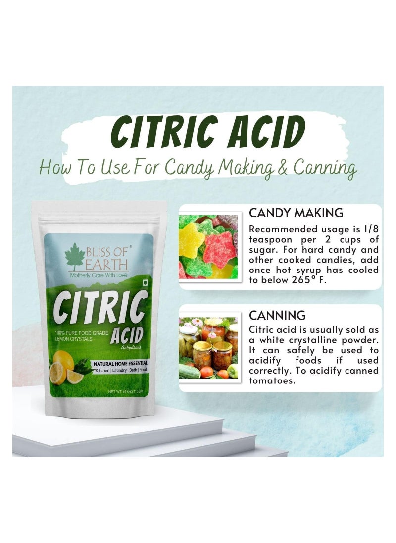 Bliss of Earth 4 oz Anhydrous Citric Acid Powder For Food Bath Bombs Cleaning & Preserving 113GM
