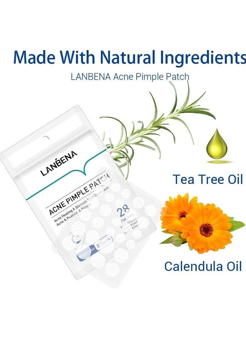 LANBENA Acne Pimple Patches 28 Patches Hydrophilic Acne Patch with Tea Tree Oil, Quick & Easy Acne Spot Treatment Acne Patches (Night use)