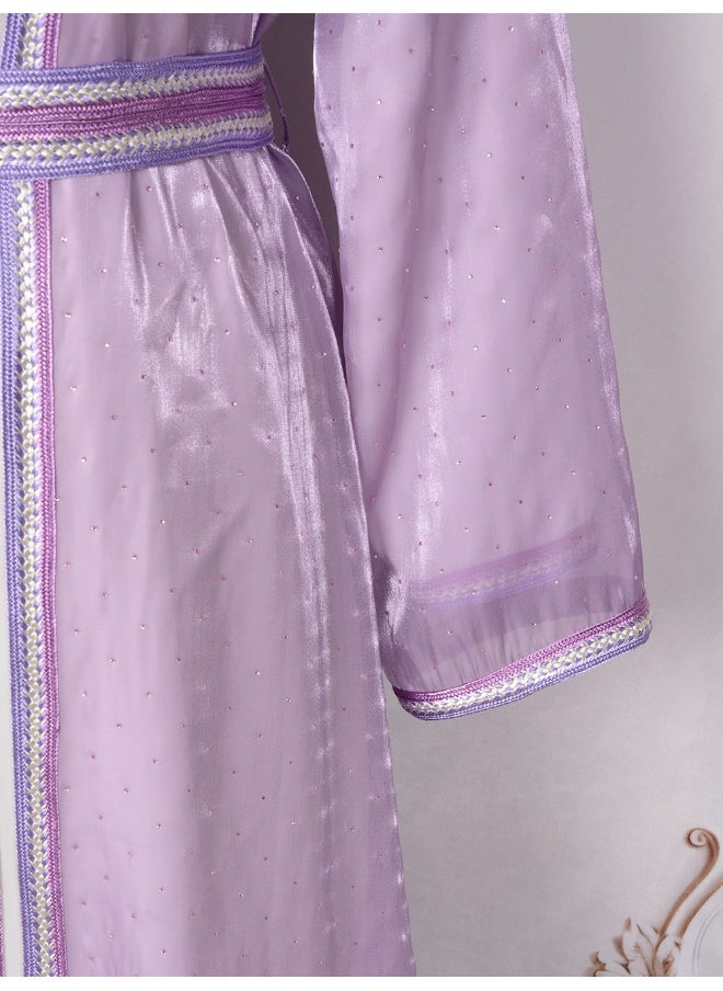 Violet Long Sleeve V-Neck Muslim Abaya with Rhinestone Embellishments – Two-Piece Dress Gown for Parties