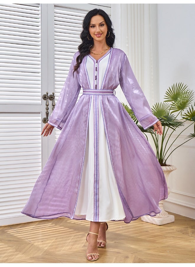 Violet Long Sleeve V-Neck Muslim Abaya with Rhinestone Embellishments – Two-Piece Dress Gown for Parties