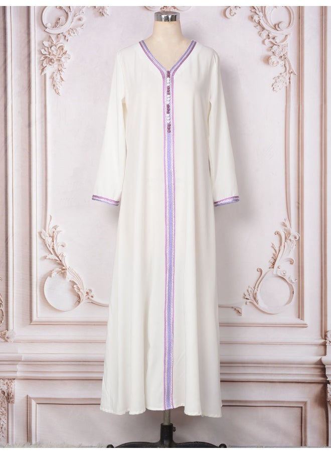 Violet Long Sleeve V-Neck Muslim Abaya with Rhinestone Embellishments – Two-Piece Dress Gown for Parties